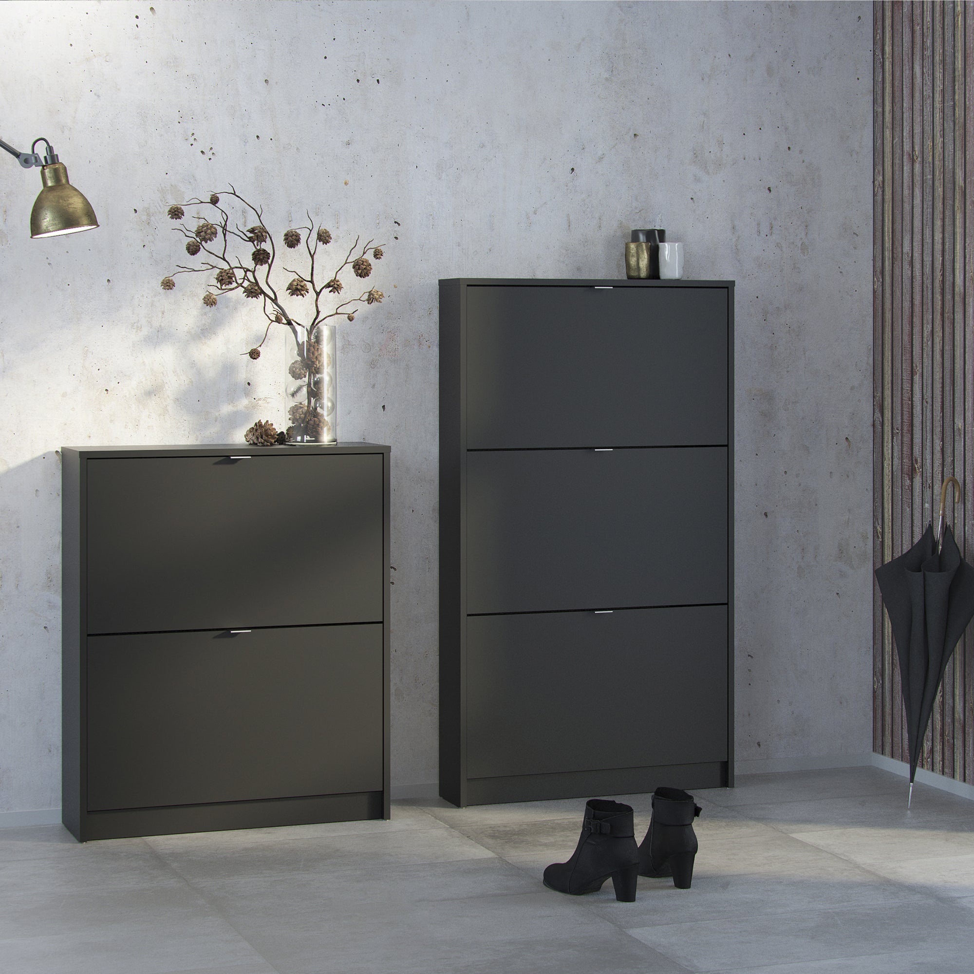 Axton Choctaw Shoe Cabinet With 3 Tilting Doors and 2 Layers In Matt Black