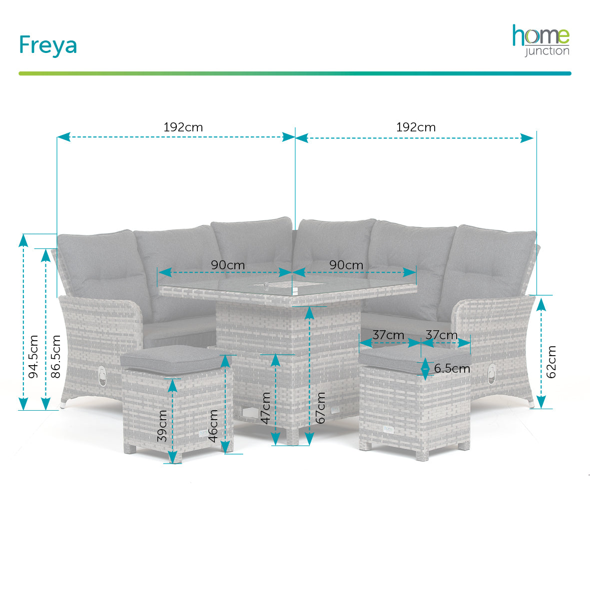 Home Junction Freya Grey Square Reclining Corner Sofa, Rising Table with Ice Bucket and 2 Stools