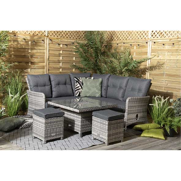 Home Junction Freya Grey Square Reclining Corner Sofa, Rising Table with Ice Bucket and 2 Stools