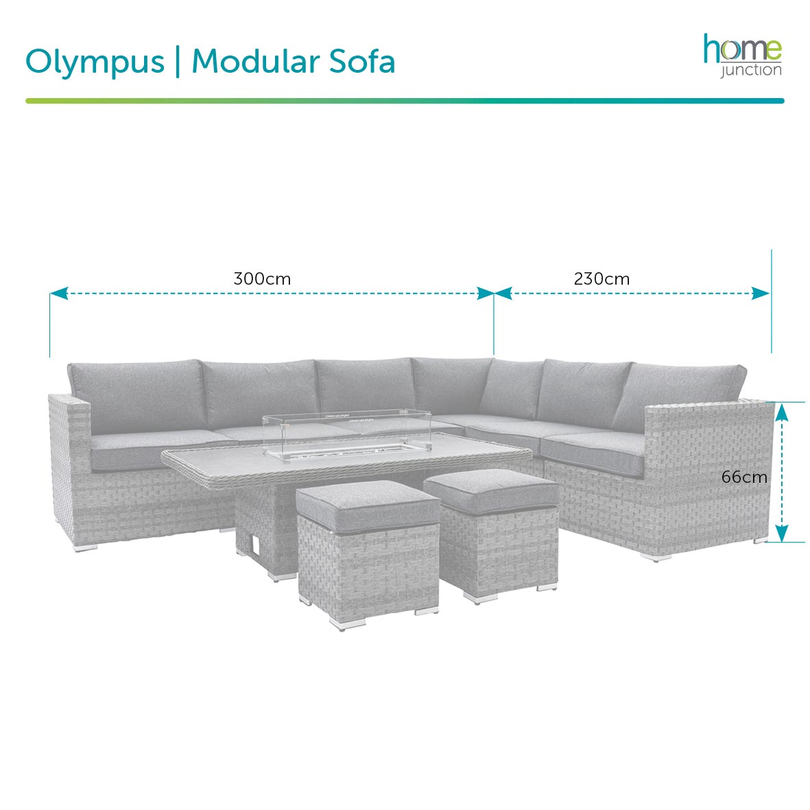 Home Junction Olympus Grey Modular Corner Sofa with Coffee to Dining Rising Gas Firepit Table and Stool