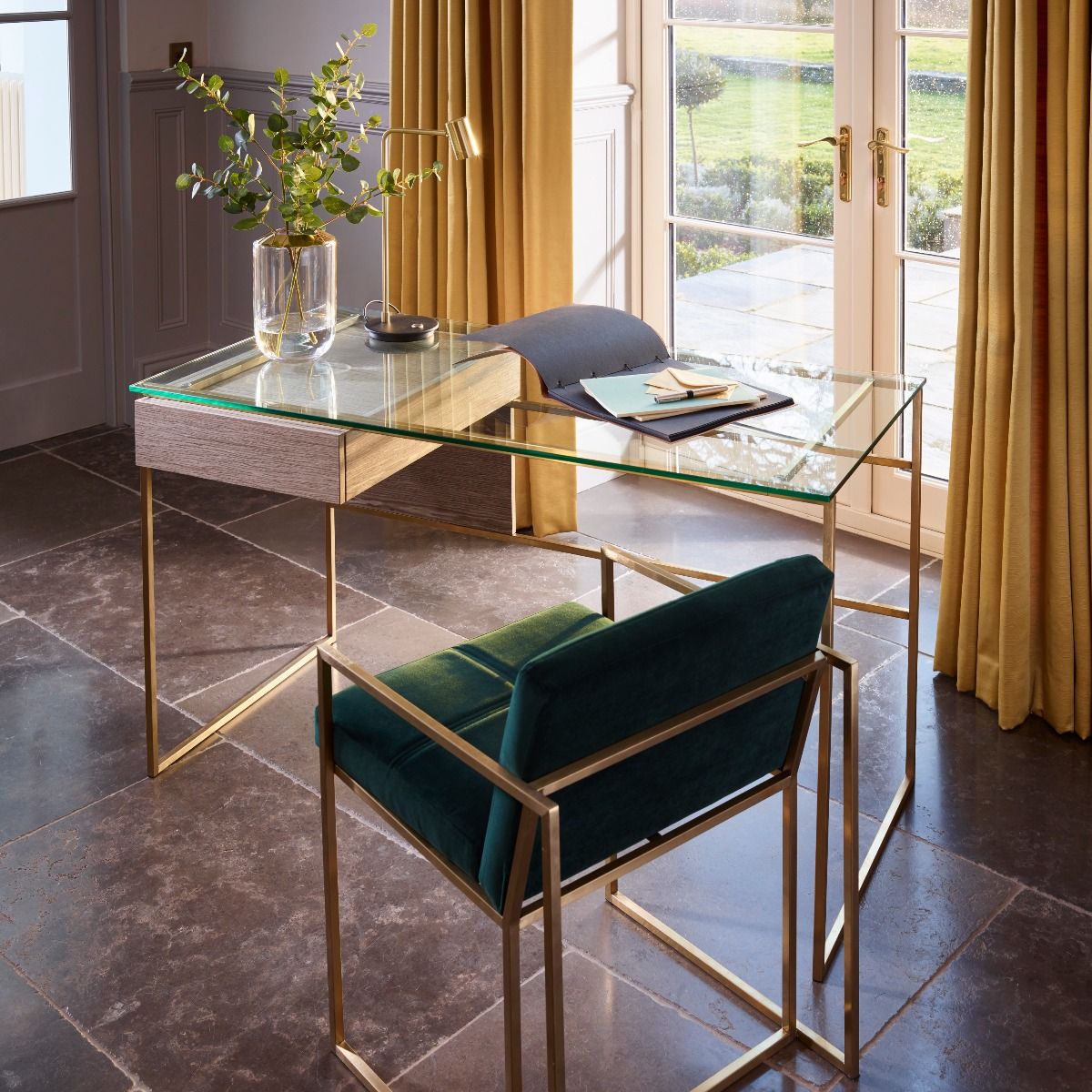 Gillmore Federico Desk Clear Glass Top, Black Stained Oak Drawer & Brass Frame Desk Table