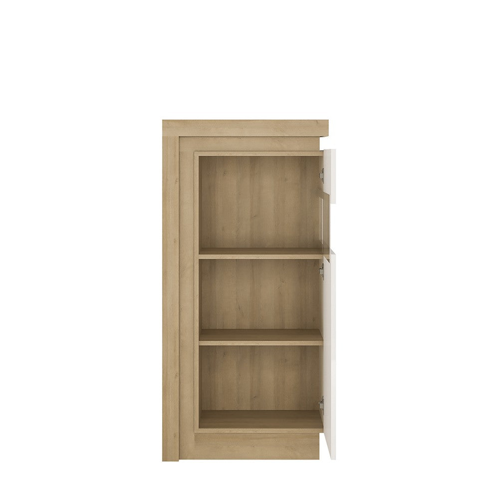Axton Woodlawn Narrow Display Cabinet (RHD) 123.6cm High In Riviera Oak/White High Gloss